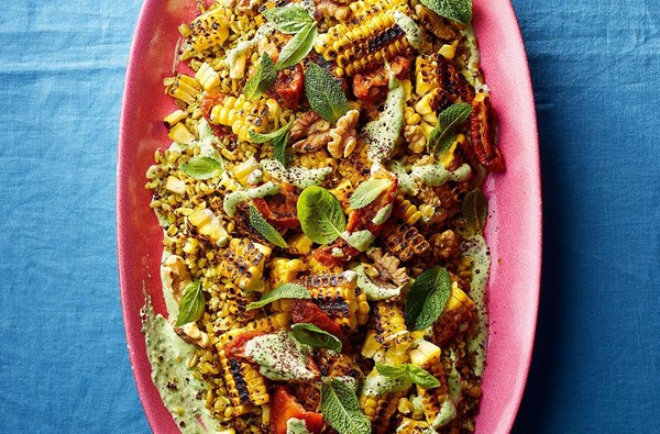 Whipped feta, corn & grain platter