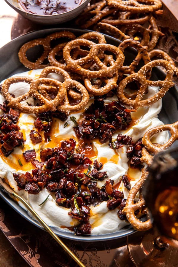 Whipped goat cheese candied bacon dip