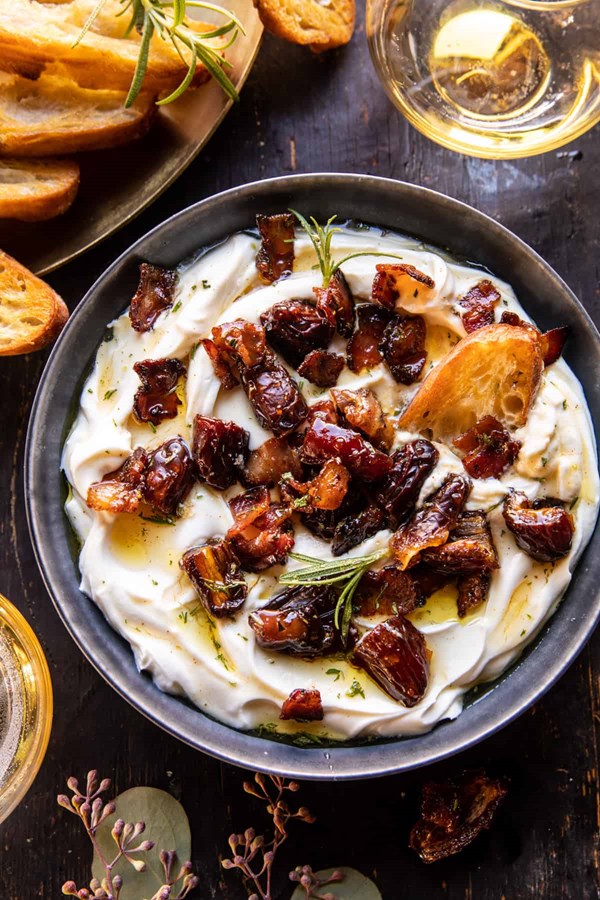 Whipped goat cheese with warm candied bacon and dates