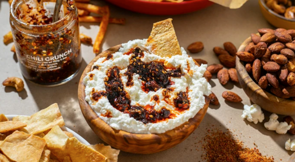 Whipped lemon ricotta dip with chili crunch drizzle