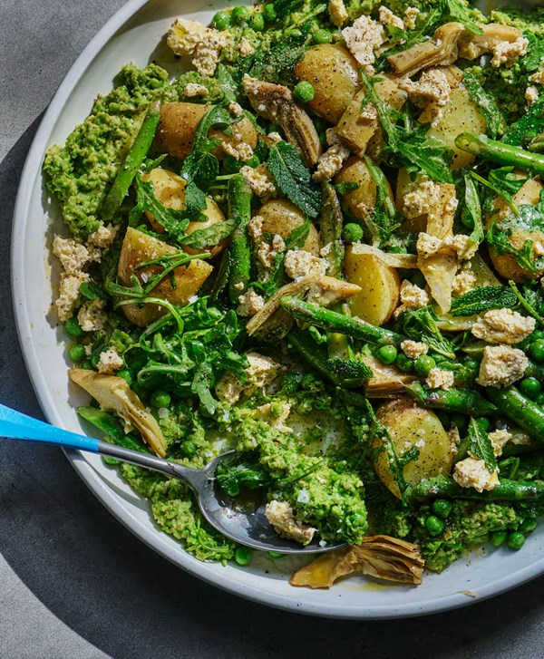 Whipped pea, artichoke & za'atar with new potatoes