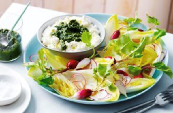 Whipped ricotta with radish-top pesto and burnt honey dressing [Jason Staudt]