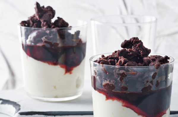 Whipped ricotta with vincotto cherries and chocolate granita
