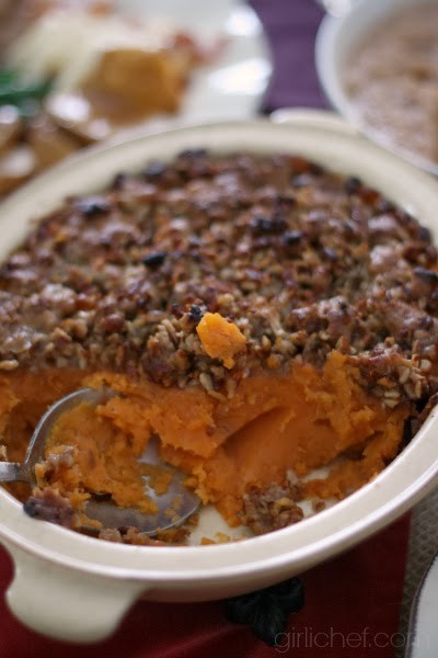 Whipped sweet potatoes and bananas with pecan streusel