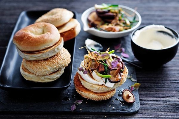 Whipped tofu, mushroom & crispy ginger bagels