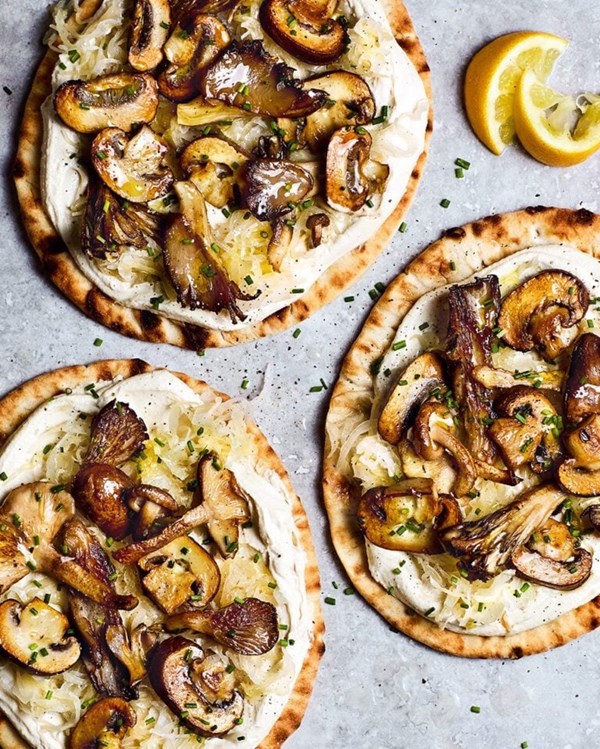 Whipped tofu, mushroom and sauerkraut flatbreads