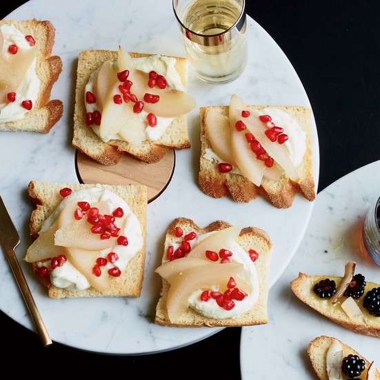 Whipped vanilla ganache toasts with pear and pomegranate