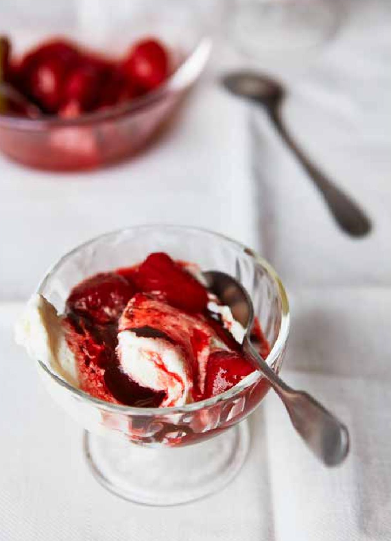 Whipped yoghurt with roasted strawberries and peanut fudge sauce