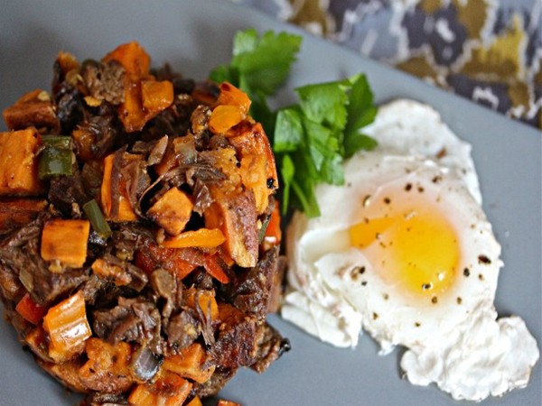 Whiskey brisket and sweet potato hash