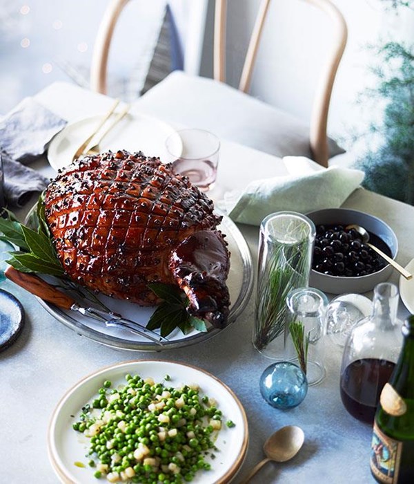 Whiskey-glazed ham with preserved cherries