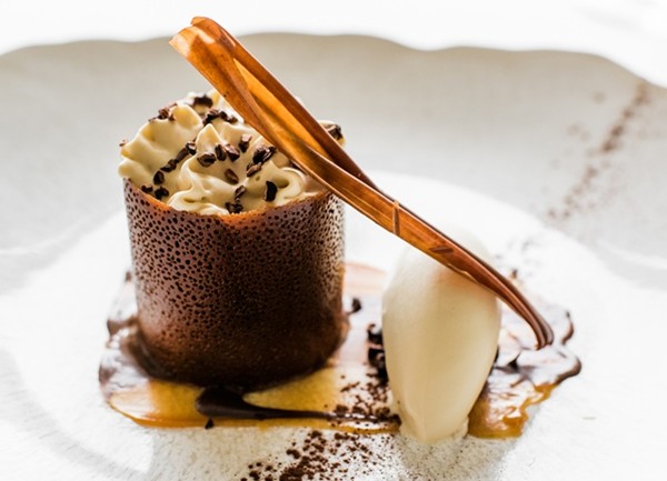 Whisky and chocolate cremeux with whisky ice cream, coffee and caramel