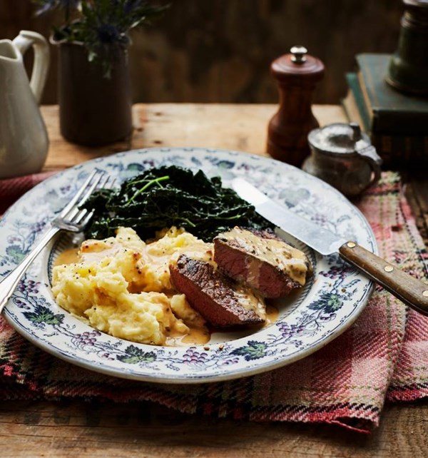 Whisky venison steaks with neeps & tatties