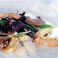 White almond soup with prawns, mushrooms and fresh herbs