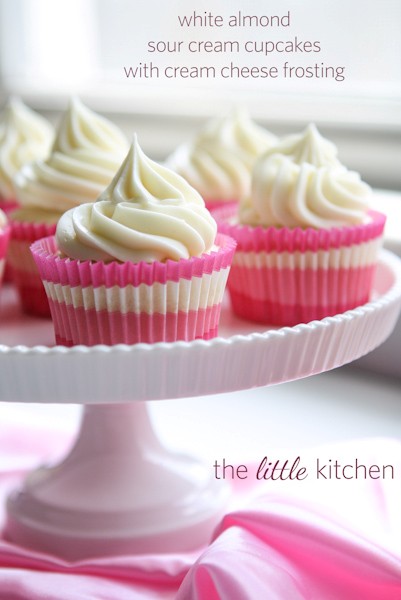 White almond sour cream cupcakes with cream cheese frosting