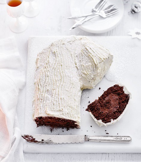 White and dark chocolate Yule log with apricot