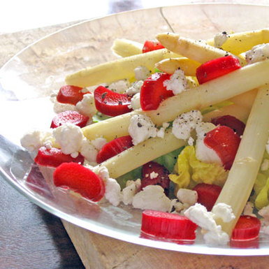White asparagus salad with goat cheese and pickled rhubarb