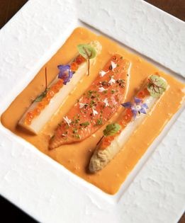 White asparagus with smoked salmon, sorrel, and trout caviar
