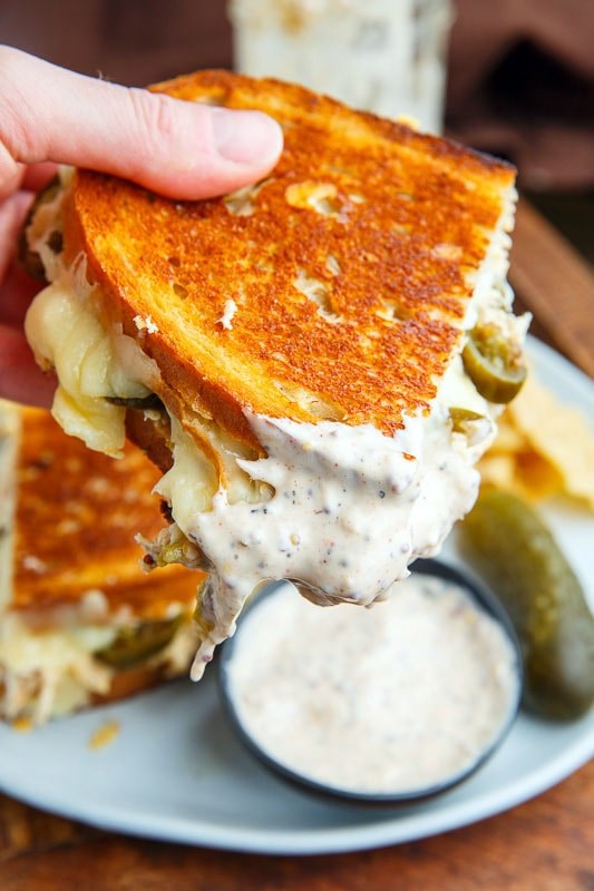 White BBQ chicken grilled cheese sandwich