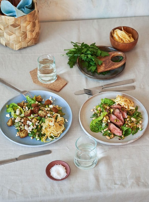 White bean & cos salad with chilli fennel pickle, falafel & tahini drizzle