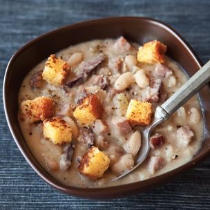 White bean & ham soup with corn bread croutons