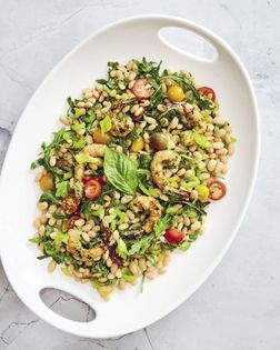 White bean and celery salad with pesto grilled shrimp