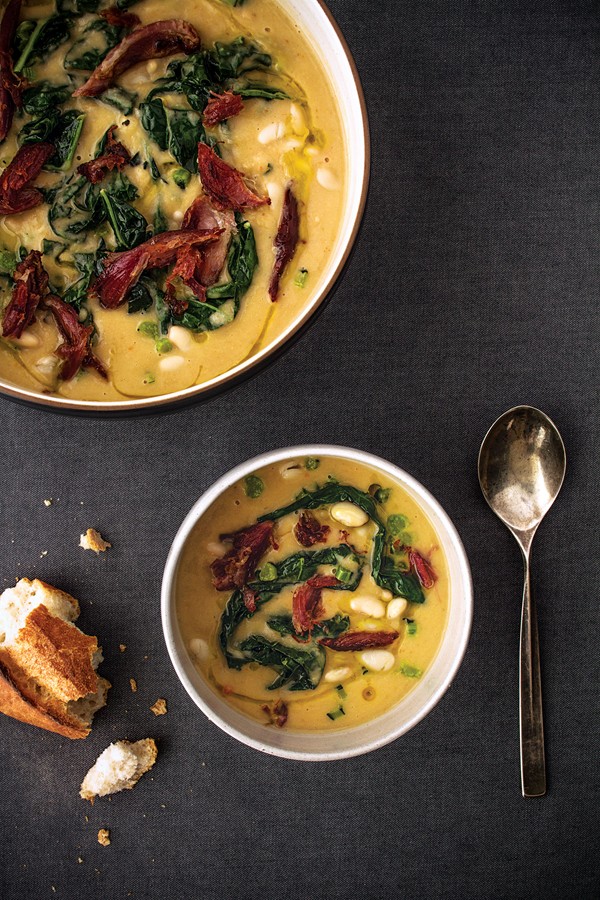 White bean and lacinato kale soup with smoked ham hock