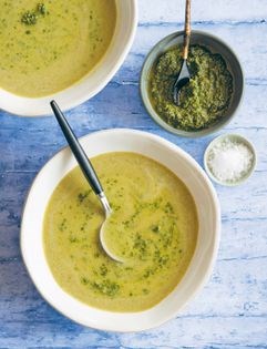 White bean and rocket soup with basil pesto