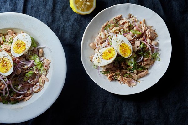 White bean and tuna salad with hard boiled eggs and dukkah