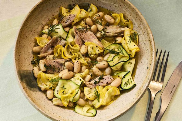 White bean and tuna salad with shaved squash