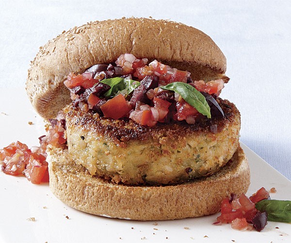 White bean burgers with tomato-olive relish