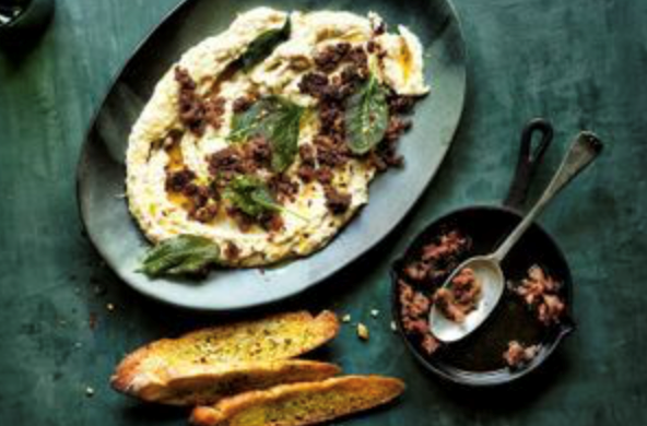 White bean dip with crispy chilli sausage crumbs
