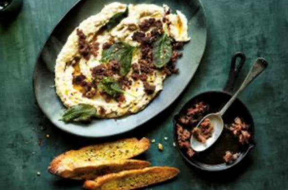White bean dip with crispy chilli sausage crumbs