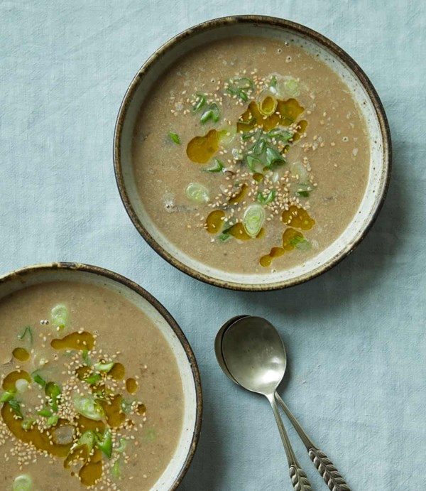 White bean-garlic soup with miso and mushrooms