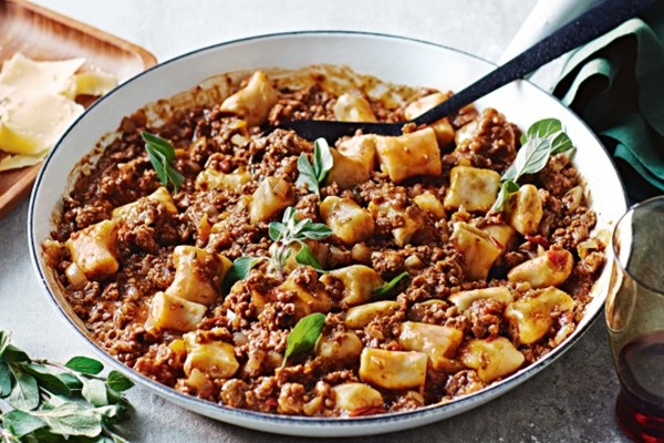 White bean gnocchi with quick balsamic lamb ragu