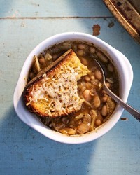 White bean soup, French onion soup style