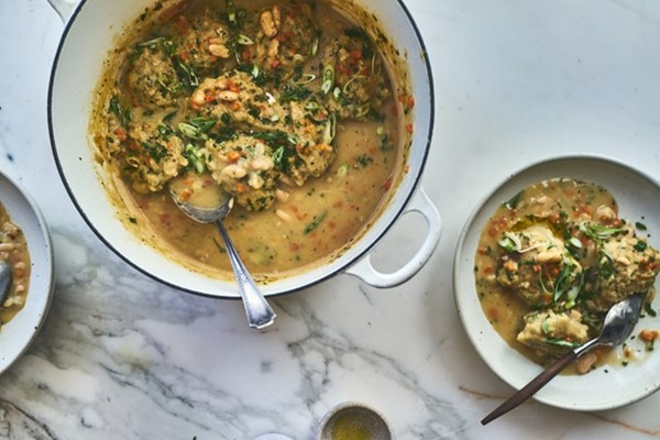 White bean soup with pesto herb dumplings