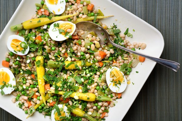 White bean stew with carrots, fennel and peas