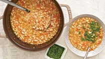 White bean stew with mustard-green pesto