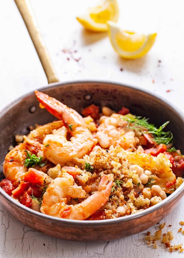 White bean, tomato, and shrimp skillet dinner