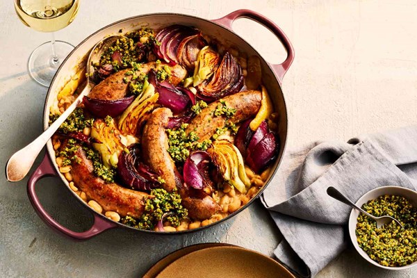 White beans and pork sausage with pistachio-lemon crumble