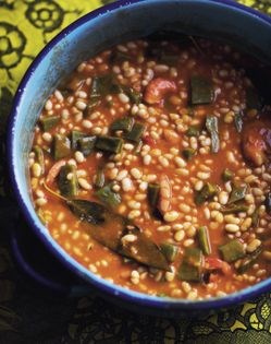 White beans, nopales, and dried shrimp in yellow mole (Mole amarillo de frijol blanco con nopal y camarones secos)