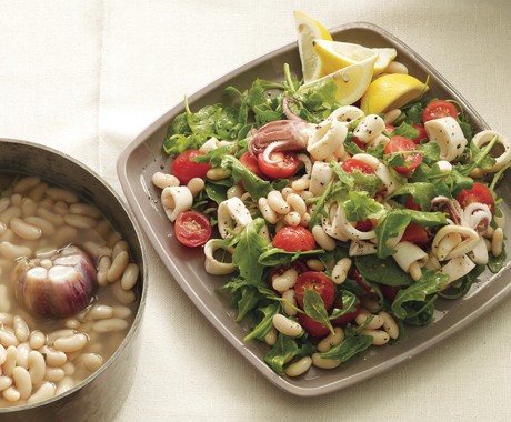 White beans with squid, arugula, and cherry tomatoes