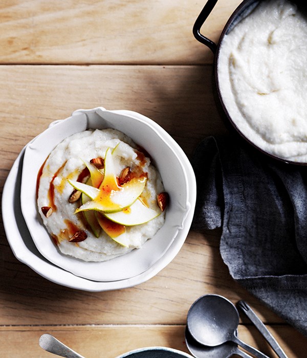 White  breakfast polenta with pears, burnt honey and almonds