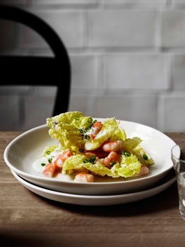 White cabbage, poached prawns and Kampot pepper