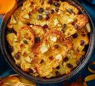 White chocolate & cranberry challah bread & butter pudding