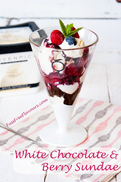 White chocolate & hot berry ice cream sundae