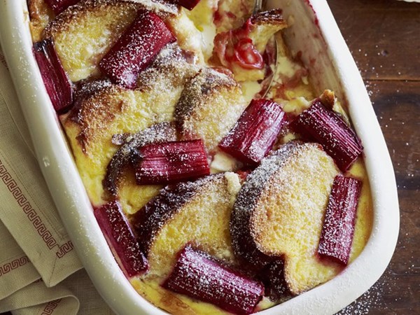 White chocolate & rhubarb bread & butter pudding