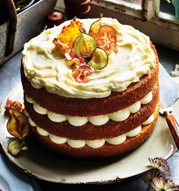 White chocolate almond layer cake with fruit crisps