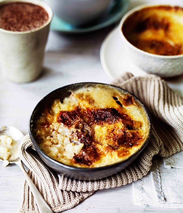 White chocolate and banana baked rice puddings