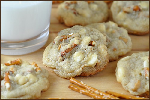 White chocolate and butterscotch chip pretzel cookies